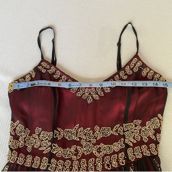 Adrianna Papell Burgundy, Black, & Gold Beaded Silk Cocktail Dress Size 4 - Picture 4 of 12
